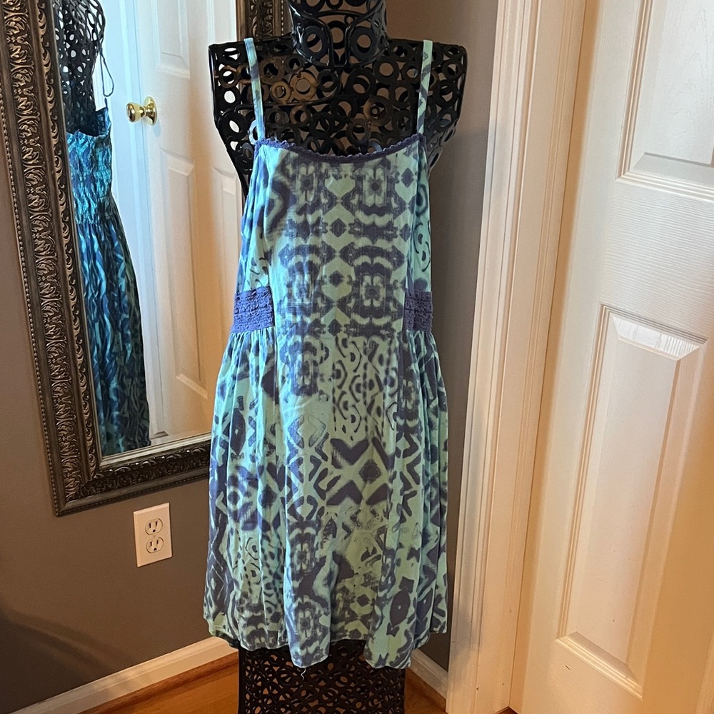 Mossimo Supply Co. Teal and Blue Printed Adjustable Spaghetti-Strap Mini Dress